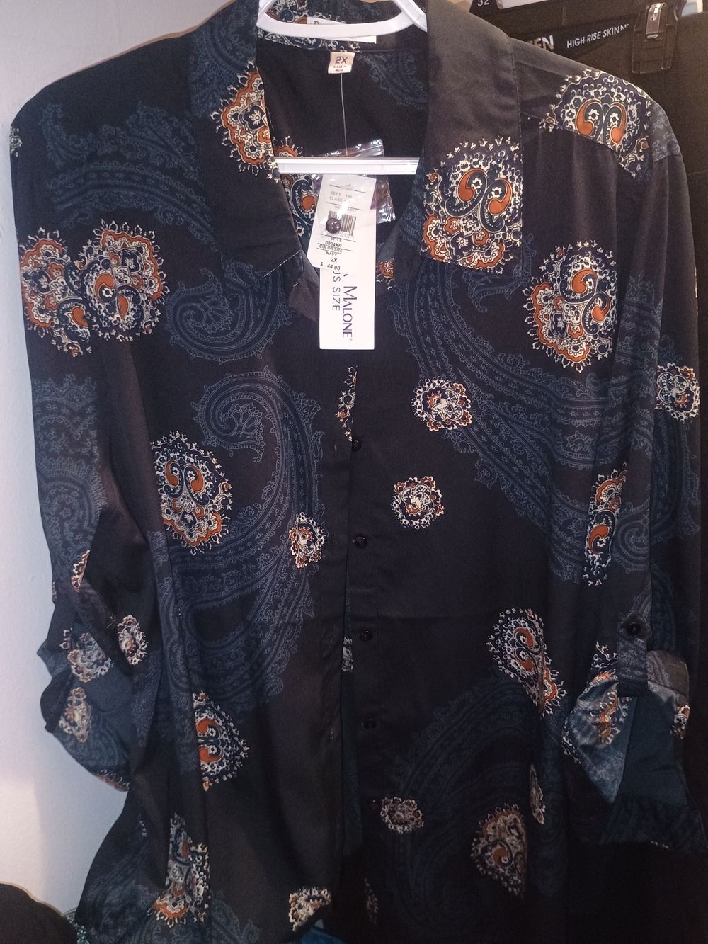 Rebecca Malone Paisley Button-Down Shirt with Blue and Orange Accents